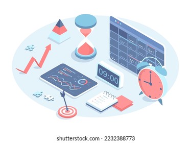 Time management and work organization. Planning schedule in application. Calendar App interface page with notifications, reminders. Vector illustration in 3d design. Isometric web banner.