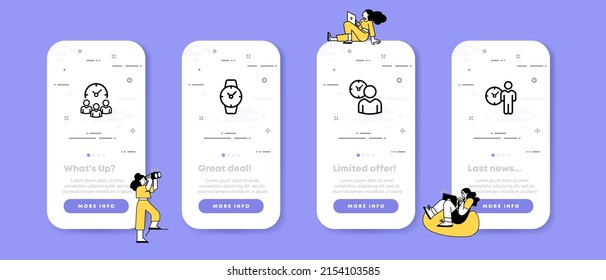 Time management. Time, work, people, person, hour, minutes. Punctuality concept. UI phone app screens with people. Vector line icon for Business and Advertising