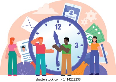 Time management, work planning, daily schedule concept. People stand near big watches. Poster for web page, banner, social media, presentation. Flat design vector illustration