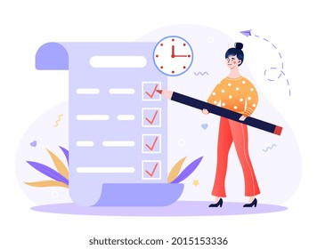 Time management, work planning, organization of daily goals, accomplishments concept. Woman with pencil marking completed tasks on to-do list. Flat cartoon vector illustration for banner, poster