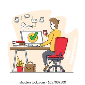 Time Management, Work Productivity. Business Working Process Organization Concept. Satisfied Male Character Drinking Coffee at Computer with Tick on Screen after Work Done. Linear Vector Illustration