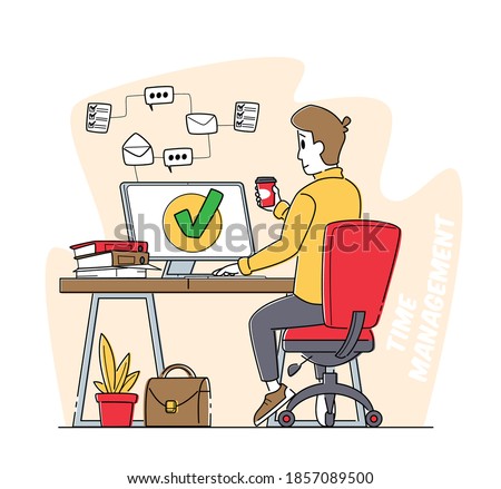 Time Management, Work Productivity. Business Working Process Organization Concept. Satisfied Male Character Drinking Coffee at Computer with Tick on Screen after Work Done. Linear Vector Illustration