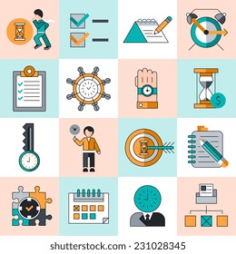 Time management work productivity successful manager flat line icons set isolated vector illustration