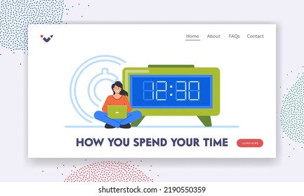 Plantilla de la página de inicio de la gestión del tiempo, productividad del trabajo y concepto de organización de trabajo. Pequeña Persona Empresaria sentada con portátil a gran reloj con marcado digital. Ilustración del vector de dibujos animados