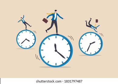 Time management, work schedule and deadline or productivity and efficiency work concept, businessmen riding rolling clock face with confidence skillful man in the middle success manage to reach target