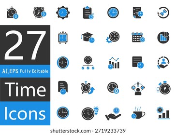 Iconos de administración del tiempo y programación de trabajo establecidos para planificación de tareas, fechas límite, productividad, administración de calendarios y Organización de proyectos