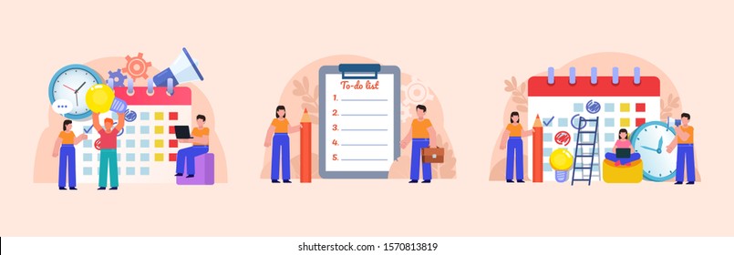 Time management, workday, week planning concept. Group of people stand near big calendar, to do list. Poster for social media, web page, banner, presentation. Flat design vector illustration