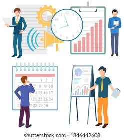 Time management, worker communication with laptop and graph report. Company success, calendar icon, board with chart and watch, businessman vector