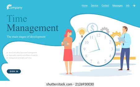 Time management, workflow organization website layout. Work efficiency, productivity increase concept. People work with development of time management stages. Scheduling, dealing with deadline