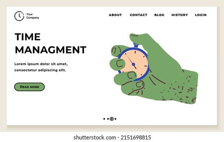 Time management, workflow organization website layout. Work efficiency, productivity increase, web development concept. Scheduling, dealing with deadline. Person holding timer, stopwatch in hand