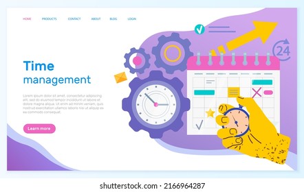 Time management, workflow organization website layout. Work efficiency, productivity increase, web development concept. Scheduling, dealing with deadline. Person holding timer, stopwatch in hand