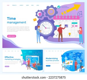 Time management, workflow organization website template. Work efficiency, productivity increase concept. People work on scheduled plan. Scheduling to deal with deadlines, productive use of time