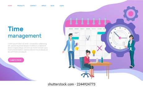 Time management, workflow organization website layout. Work efficiency, productivity increase. People work with time management and schedule planning. Scheduling, dealing with deadline concept