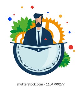 Time management. Working hours. Manager with a clock and gears. Vector illustration. Separate objects. Isolate.