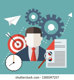 Time management. Working hours. Manager with a clock, target, document and gears. Business concept