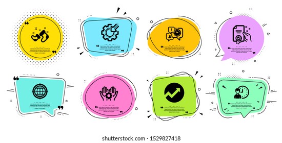 Time management, Working hours and Santa boots line icons set. Chat bubbles with quotes. Seo gear, Certificate and Employee hand signs. Audit, Seo internet symbols. Vector