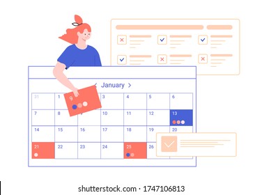 Time management and working time organization. The girl plans a month on the calendar. Accomplishment of tasks and achievement of goals. Vector flat illustration.