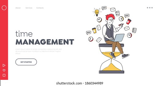 Time Management, Working Productivity Landing Page Template. Tiny Businessman Character Sitting on Huge Hourglass with Laptop in Hands. Deadline, Business Work Process. Linear Vector Illustration