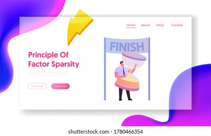 Time Management, Working Schedule Landing Page Template. Businessman Character Holding Huge Hourglass Stand on Finish Line. Business Process, Goal Achievement, Pareto Law. Cartoon Vector Illustration
