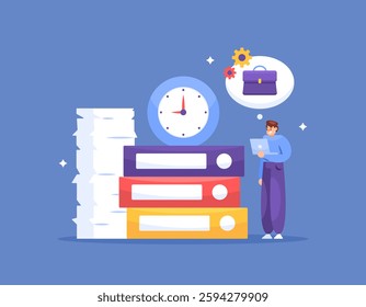 time management and workload concept. organizing and completing many work tasks and responsibilities. illustration of a worker or employee trying to manage document files. flat style design. elements