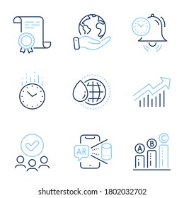 Time management, World water and Time line icons set. Diploma certificate, save planet, group of people. Demand curve, Augmented reality and Graph chart signs. Alarm clock, Aqua drop, Clock. Vector