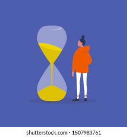 Time management. Young female character looking at the sandglass. Planning. Office work. Flat editable vector illustration, clip art