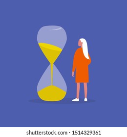 Time management. Young female character looking at the sandglass. Planning. Office work. Flat editable vector illustration, clip art