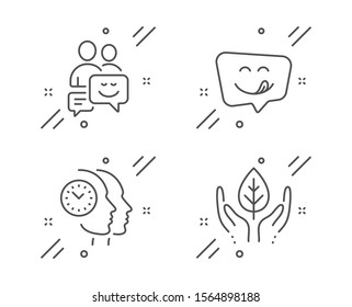 Time management, Yummy smile and Communication line icons set. Fair trade sign. Teamwork clock, Emoticon, Business messages. Safe nature. People set. Line time management outline icon. Vector