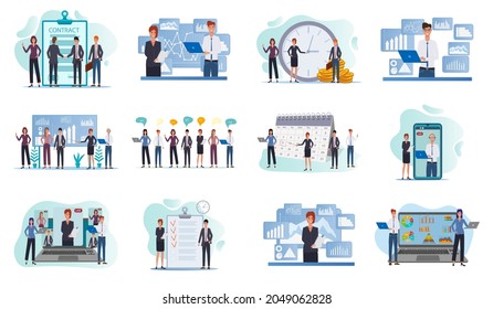 Time management,business meeting, video conference, contract signing.A set of flat icons vector illustrations on the topic of business and technology.