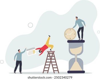 Time management.Cartoon tiny people schedule business tasks of month in calendar timetable.work with priority list.flat design with people.