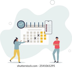 Zeitmanagement.Cartoon winzige Menschen planen geschäftliche Aufgaben des Monats in Kalender schedule.flat Zeichen.