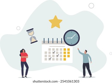 Time management.Cartoon tiny people schedule business tasks of month in calendar timetable.flat characters.