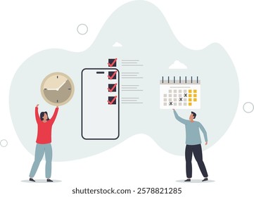 Time management.Cartoon tiny people schedule business tasks of month in calendar timetable.organize important appointment in organizer mobile app.flat characters.