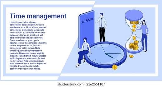 Administración del tiempo.Plazo y control del tiempo.La gente se dedica a la planificación del tiempo en el fondo de un smartphone .clocks y hourgafas.Una ilustración del estilo de la página de aterrizaje es azul.