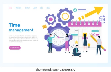 Time management,organizer and clock, business vector. Calendar and plan, work organization, projects and meetings arrangement online Internet page. Website or webpage template landing page in flat