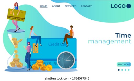 Time management.People on the background of a large clock, an hourglass with money.Effective workflow management.Time control.Landing page template.Flat vector illustration.