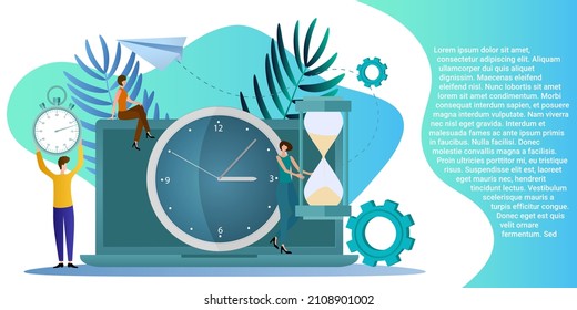 Time management.People on the background of a large watch and laptop.Deadline and time control.Brainstorming and new projects..Flat vector illustration.