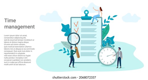 Time management.People on the background of the task list and the clock solve the tasks.Poster in business style.Vector illustration.