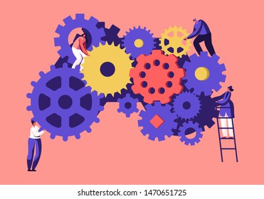 Time Management,Team Working Concept. Tiny Business People Men and Women Generating Ideas Holding Huge Gears and Cogwheels Standing on Ladders, Alternative Thinking, Cartoon Flat Vector Illustration