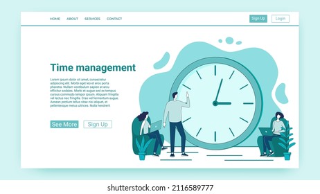 Zeitmanagement.Zeitsteuerung und Deadline.Menschen auf dem Hintergrund großer Stunden sind in Plagiaten beschäftigt.Eine Illustration im Stil einer grünen Landungsseite.