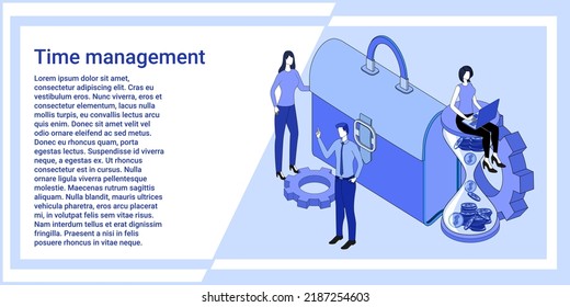 Time management.Time control and financial investments.An illustration in the style of the landing page is blue.