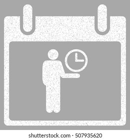 Time Manager Calendar Day grainy textured icon for overlay watermark stamps. Flat symbol with dust texture. Dotted vector white ink rubber seal stamp with grunge design on a silver background.