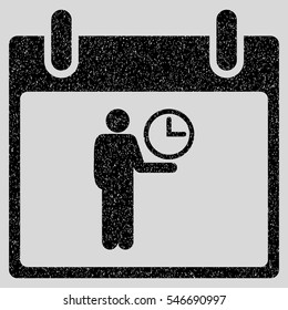 Time Manager Calendar Day grainy textured icon for overlay watermark stamps. Flat symbol with dirty texture. Dotted vector black ink rubber seal stamp with grunge design on a light gray background.