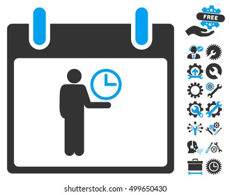 Time Manager Calendar Day icon with bonus service design elements. Vector illustration style is flat iconic symbols, blue and gray, white background.