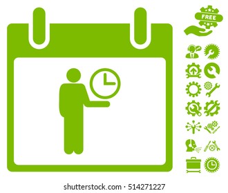 Time Manager Calendar Day icon with bonus settings design elements. Vector illustration style is flat iconic symbols, eco green, white background.
