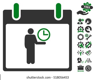 Time Manager Calendar Day icon with bonus service images. Vector illustration style is flat iconic symbols, green and gray, white background.