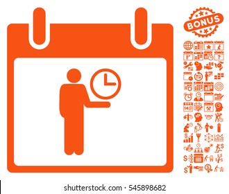 Time Manager Calendar Day icon with bonus calendar and time management clip art. Vector illustration style is flat iconic symbols, orange, white background.
