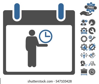 Time Manager Calendar Day icon with bonus service clip art. Vector illustration style is flat iconic symbols, cobalt and gray, white background.