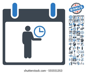 Time Manager Calendar Day icon with bonus calendar and time management icon set. Vector illustration style is flat iconic symbols, smooth blue, white background.