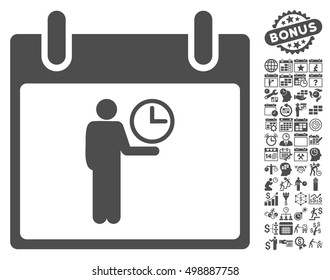 Time Manager Calendar Day pictograph with bonus calendar and time management pictograms. Vector illustration style is flat iconic symbols, gray, white background.